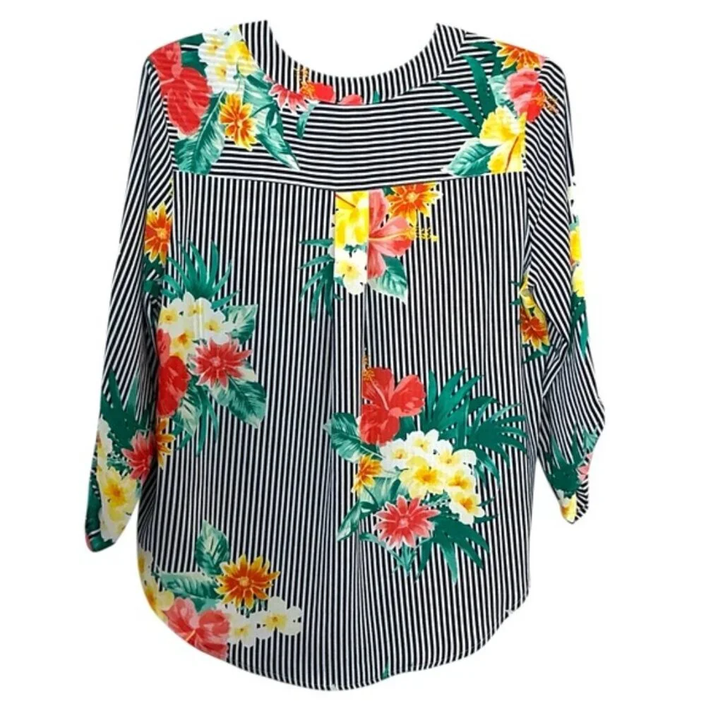 Ruby Rd Tie Up Top High Low 3/4 Sleeve Tropical Black White Stripe Petite Large - Picture 9 of 16